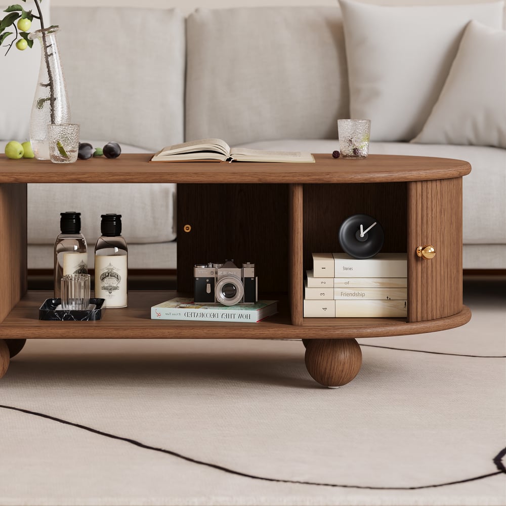 47" Modern Oval Walnut Solid Wood Fluted Coffee Table with Storage window image