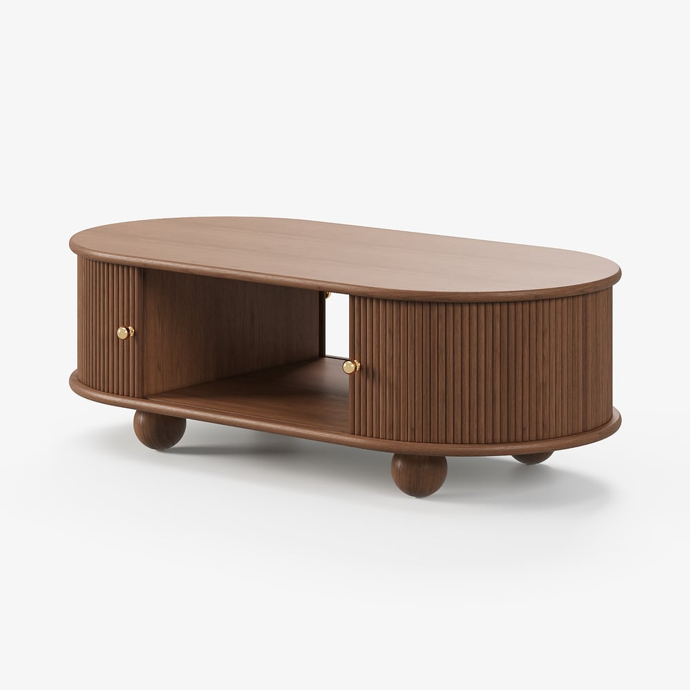 47" Modern Oval Walnut Solid Wood Fluted Coffee Table with Storage window image
