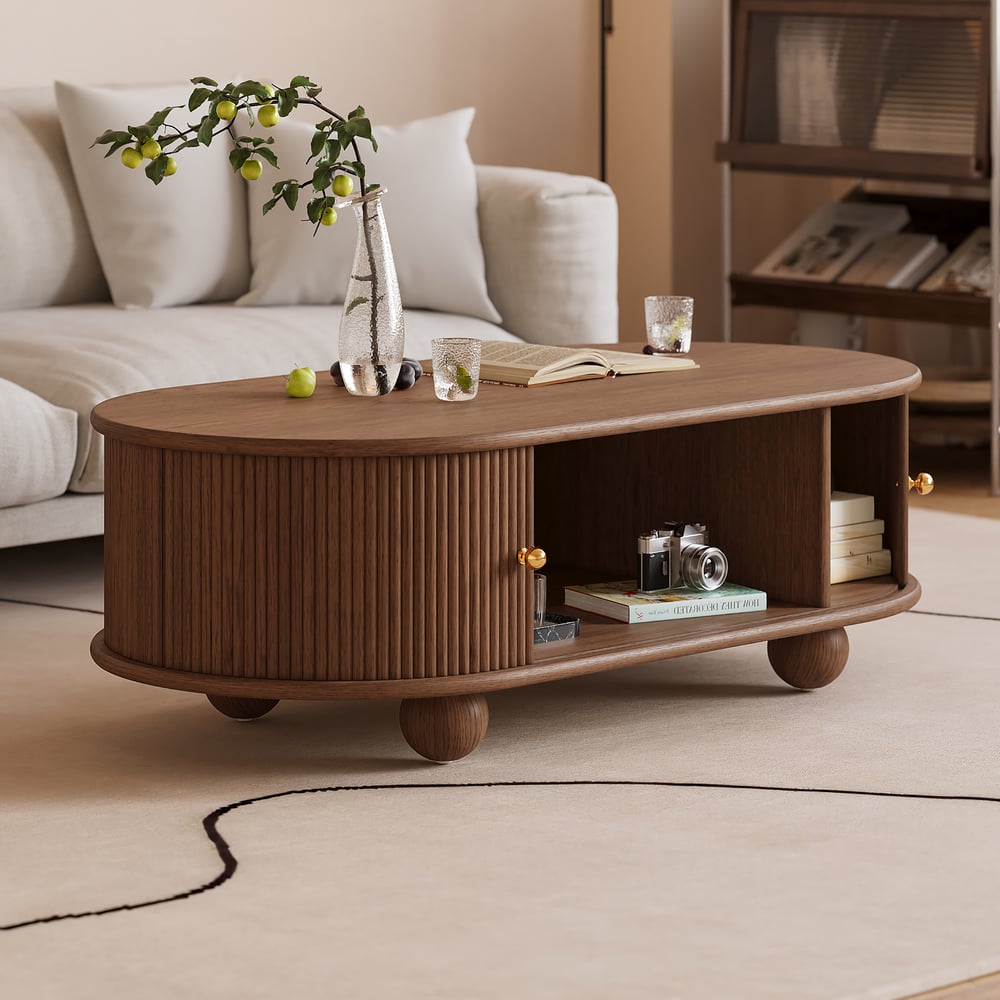 47" Modern Oval Walnut Solid Wood Fluted Coffee Table with Storage window image