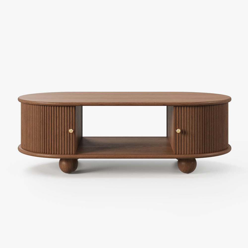 47" Modern Oval Walnut Solid Wood Fluted Coffee Table with Storage window image