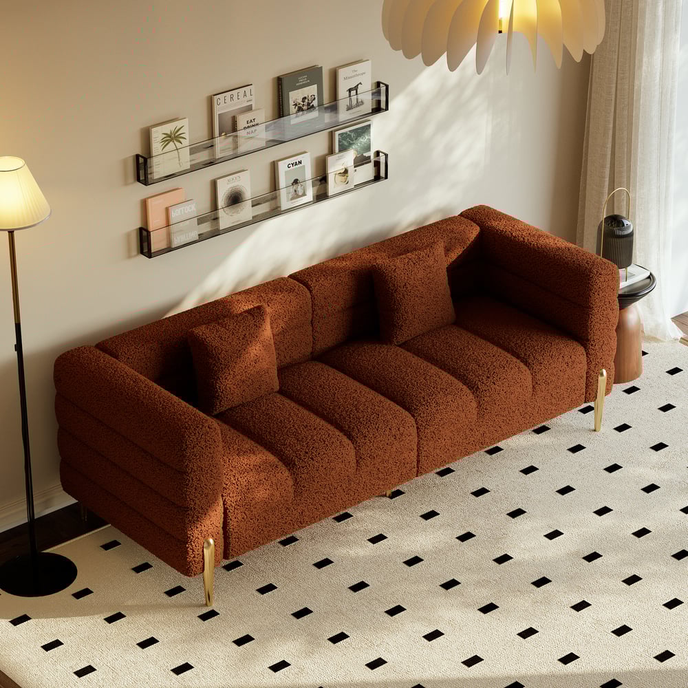 Aurora 79" Boucle Fluted Sofa with Gold Legs & Pillows window image