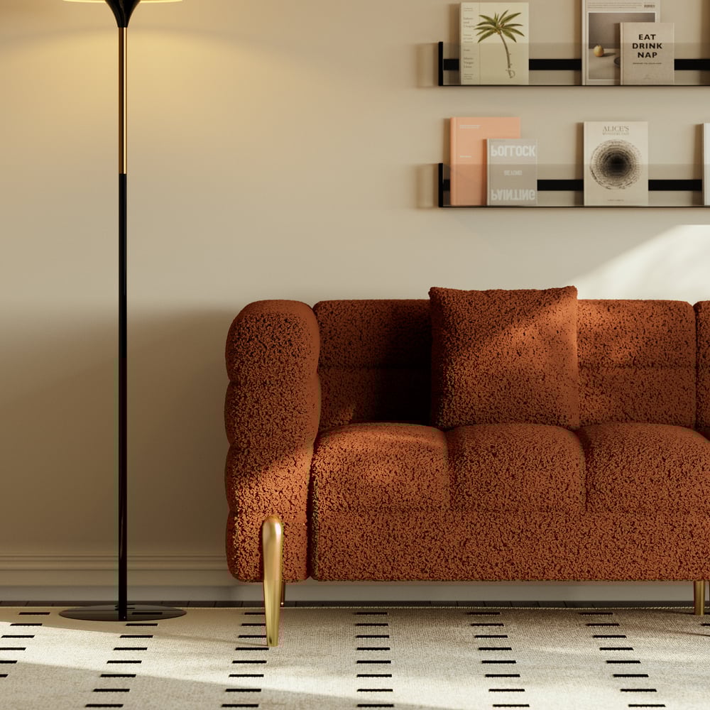 Aurora 79" Boucle Fluted Sofa with Gold Legs & Pillows window image