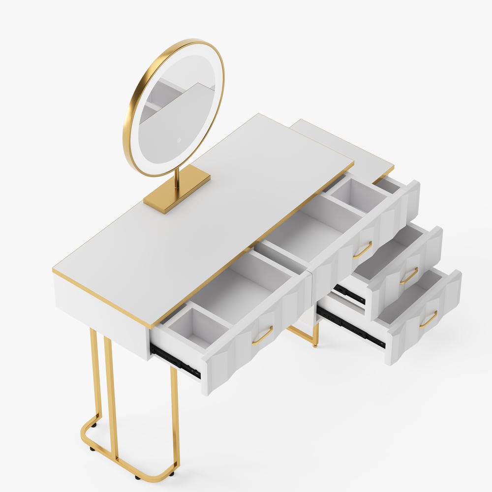 Modern White Extendable Makeup Vanity 5 Drawers Dressing Table Set with Stool and Mirror window image