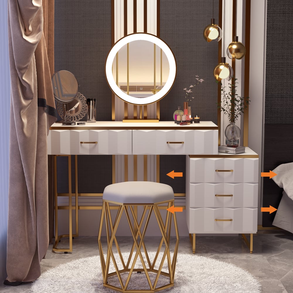 Modern White Extendable Makeup Vanity 5 Drawers Dressing Table Set with Stool and Mirror window image