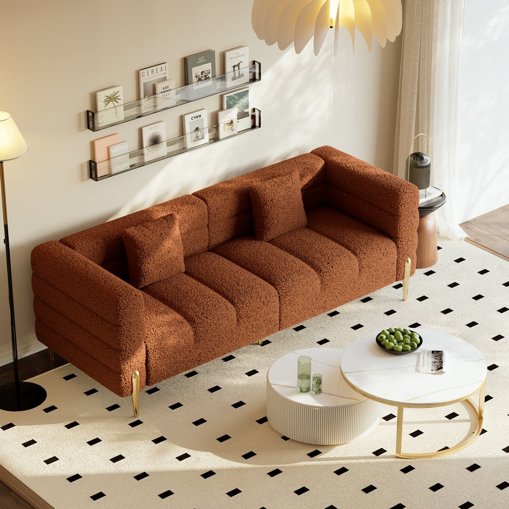 Aurora 79" Boucle Fluted Sofa with Gold Legs & Pillows window image