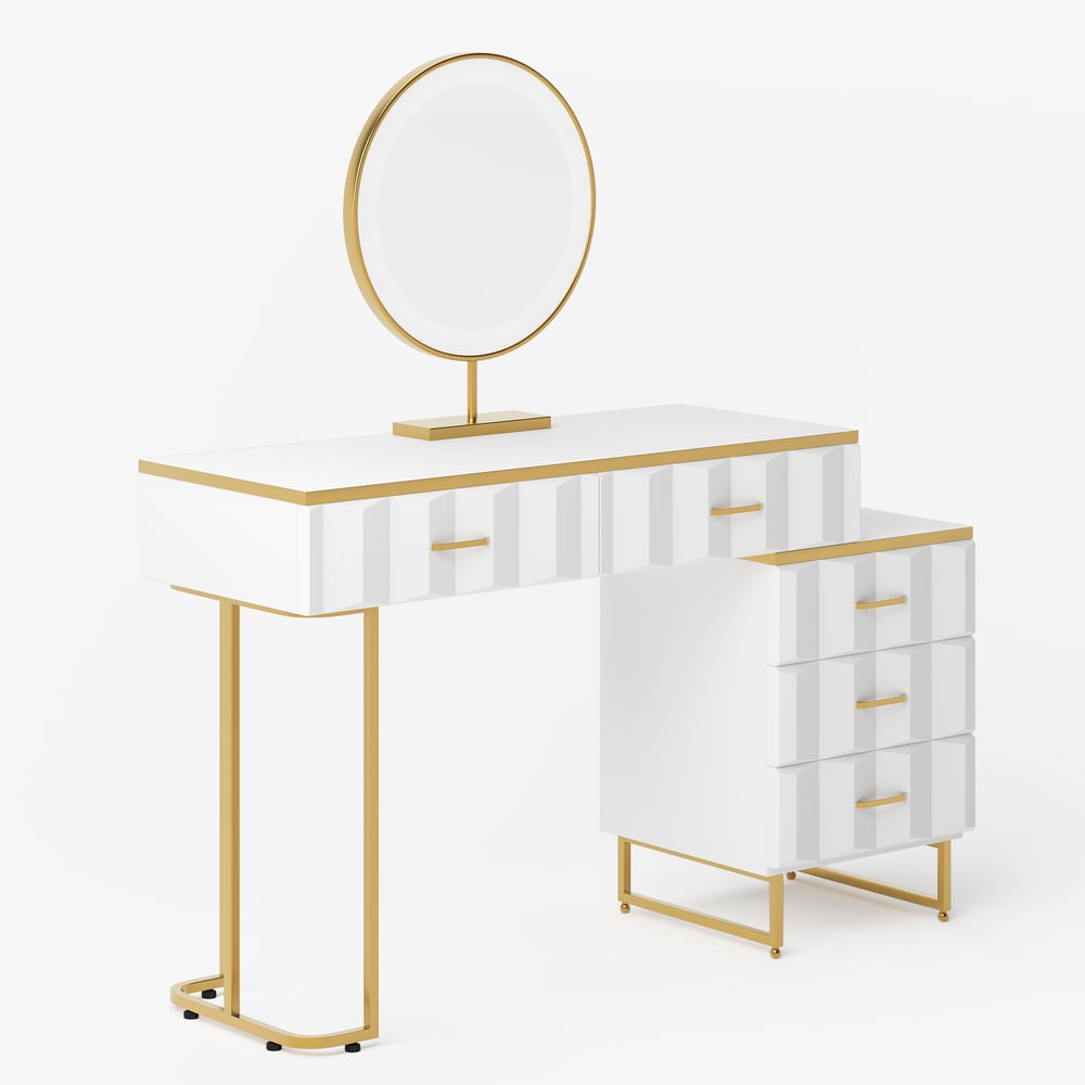 Modern White Extendable Makeup Vanity 5 Drawers Dressing Table Set with Stool and Mirror window image