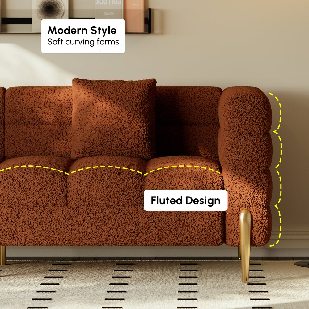 Aurora Boucle Upholstered Accent Chair 2000mm Fluted Sofa with Gold Legs & Pillows window image
