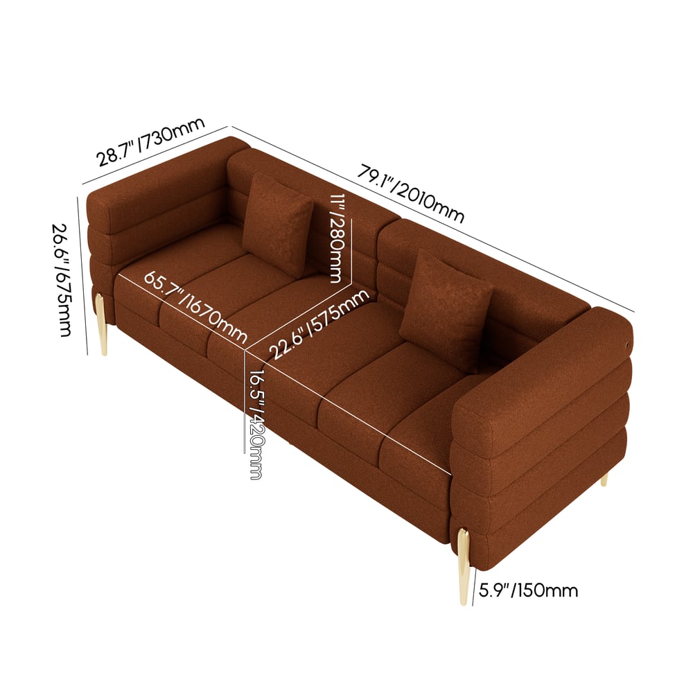 Aurora 79" Boucle Fluted Sofa with Gold Legs & Pillows weights dimensions image