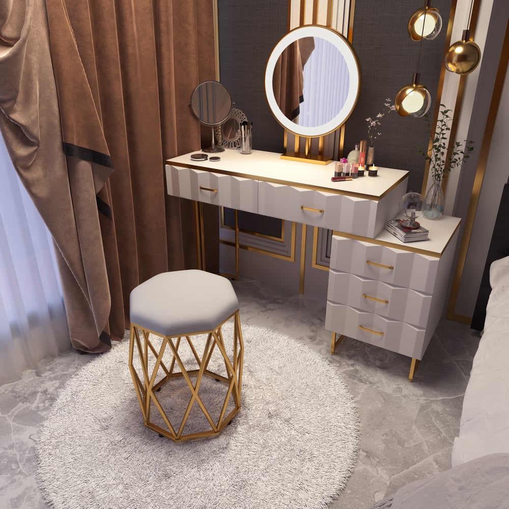 Modern White Extendable Makeup Vanity 5 Drawers Dressing Table Set with Stool and Mirror window image