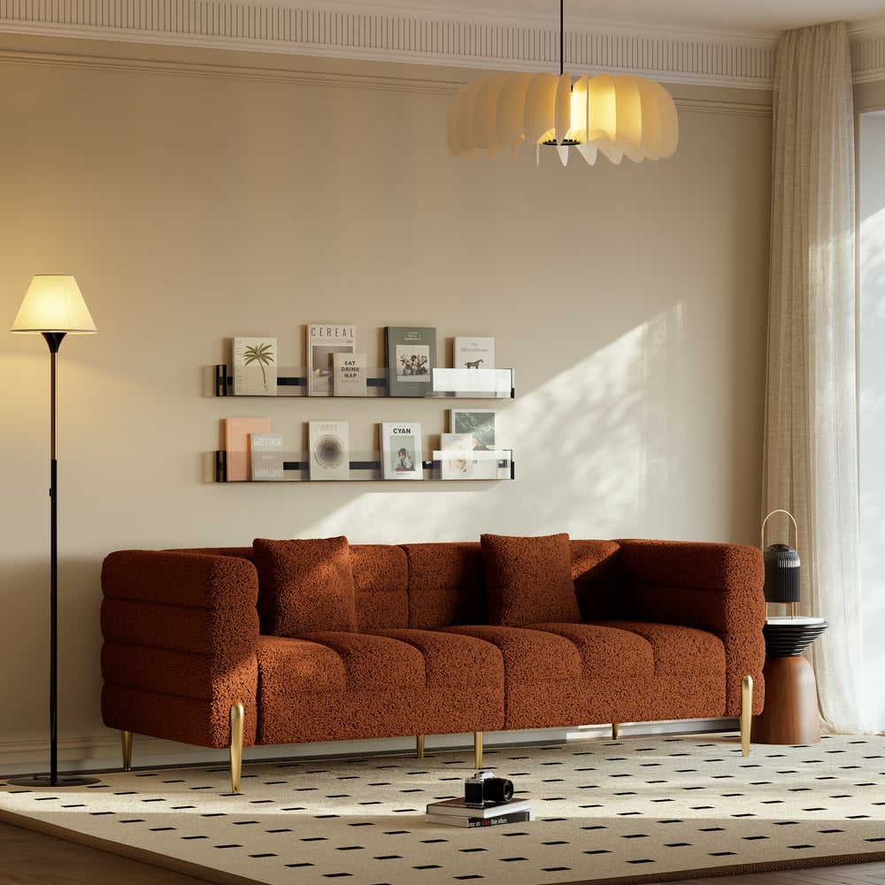Aurora 79" Boucle Fluted Sofa with Gold Legs & Pillows window image