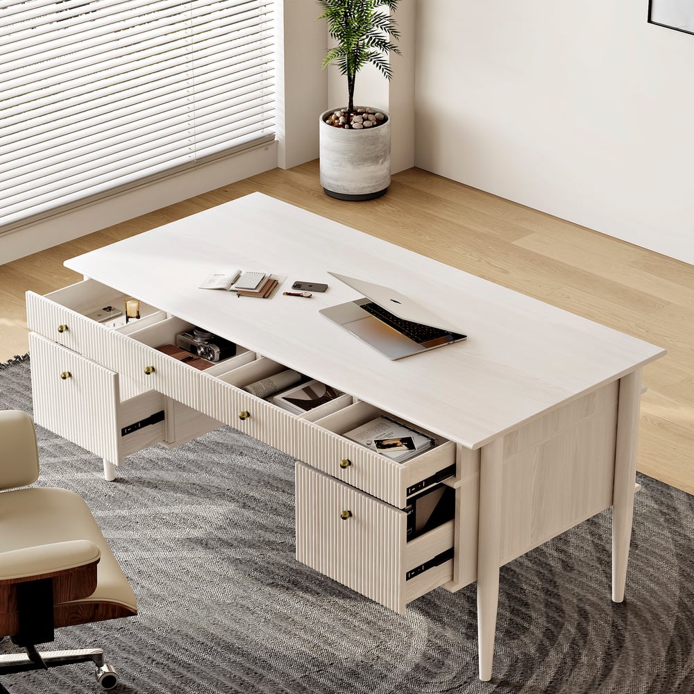 1625mm Modern Style Whitewash Home Office Desk with 6 Drawers window image