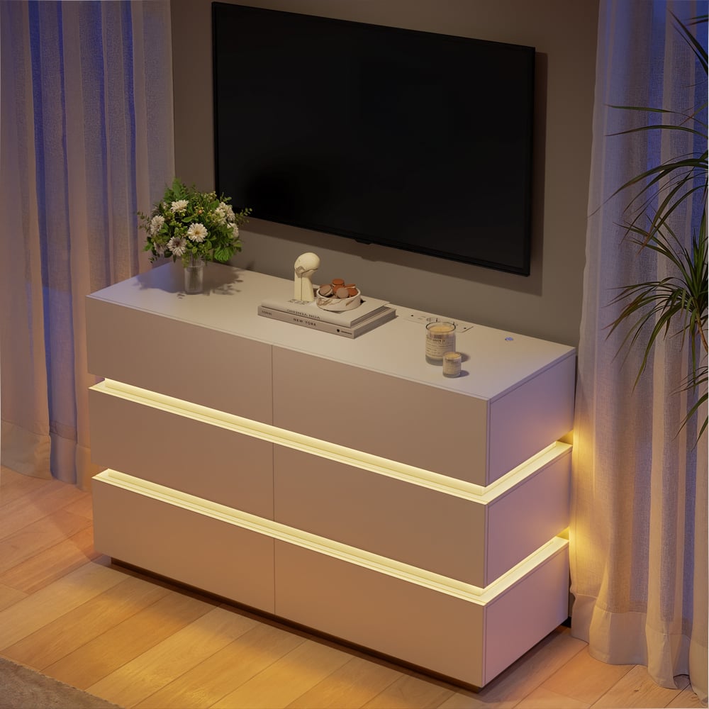 Commode LED blanche moderne à 6 tiroirs Lumio 1200mm, armoire de rangement pour chambre à coucher image de fenêtre