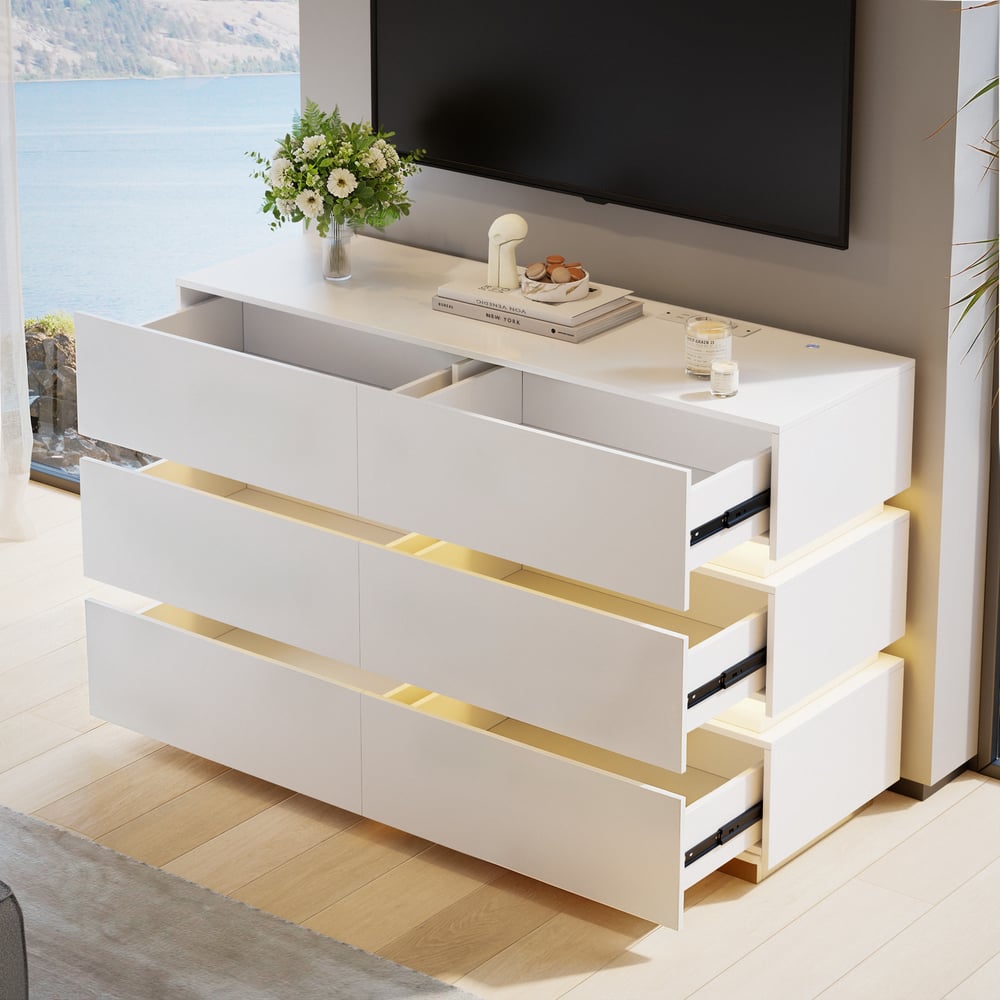 Commode LED blanche moderne à 6 tiroirs Lumio 1200mm, armoire de rangement pour chambre à coucher image de fenêtre
