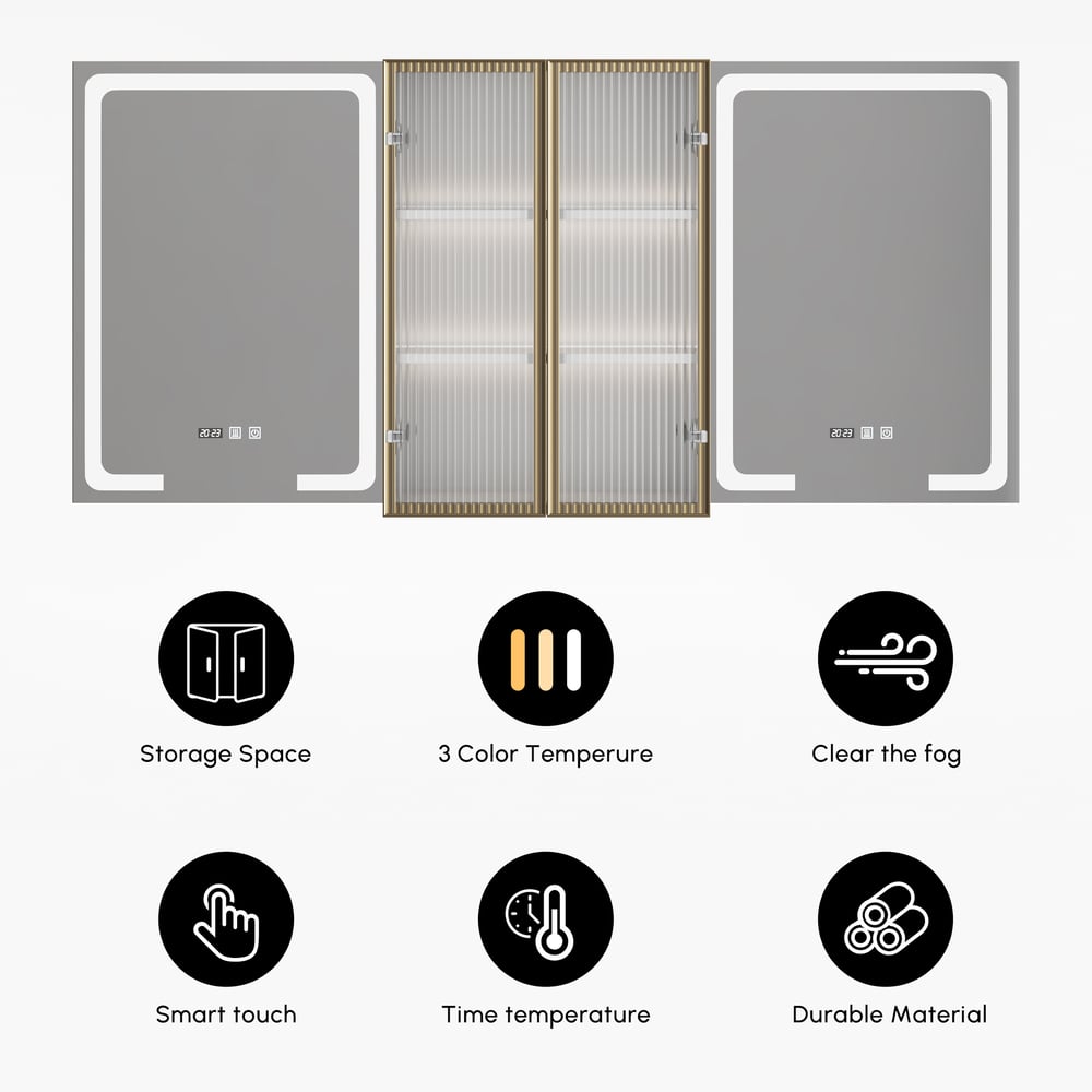 Miroir de salle de bain mural en bois avec portes pour armoire à pharmacie éclairée par LED 1500mm image de fenêtre