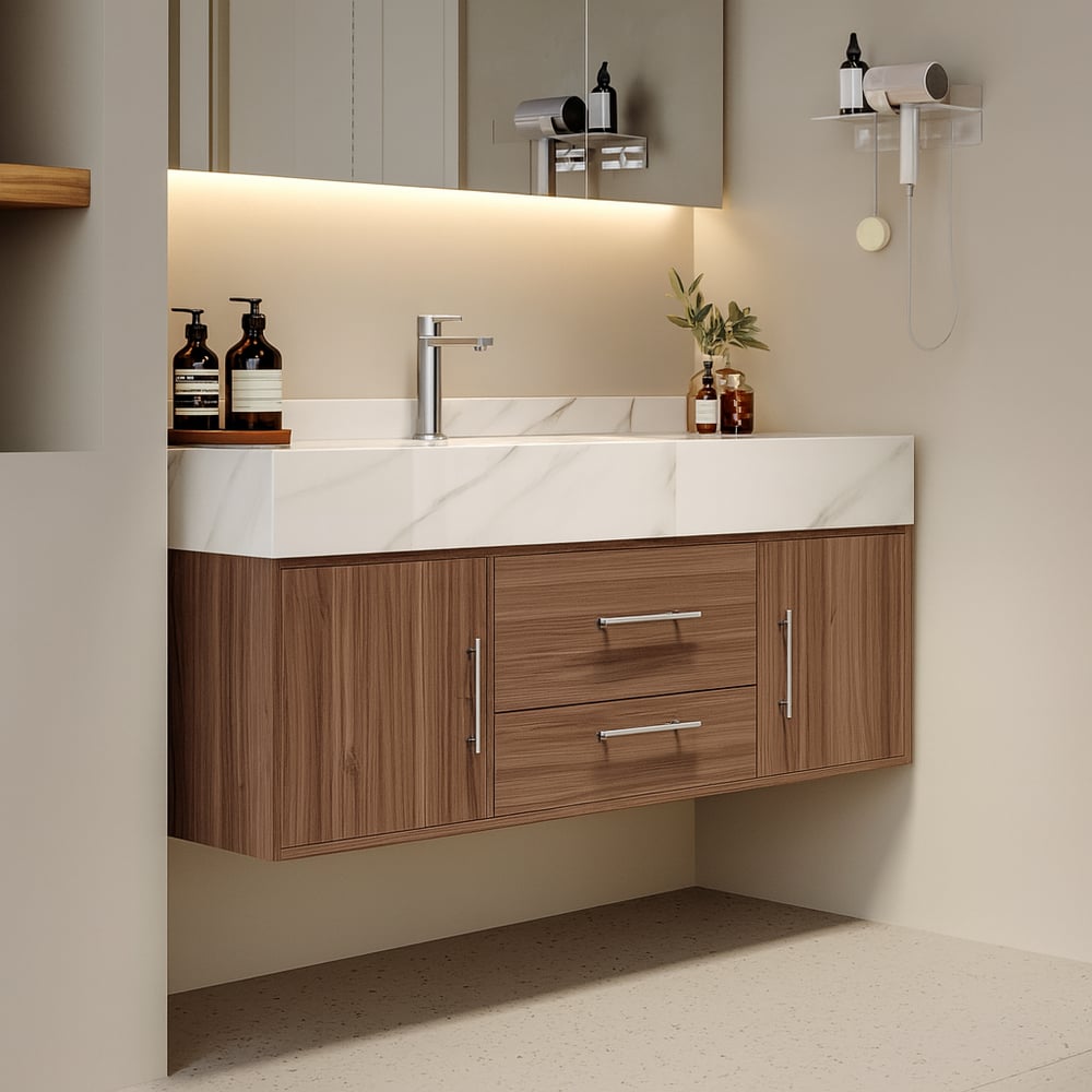 Bathroom Vanity Set 39.3" Modern Floating Stone Bathroom Vanity Walnut with Sink window image