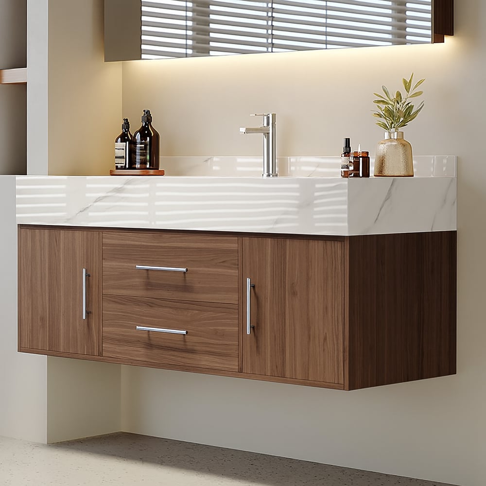 Bathroom Vanity Set 39.3" Modern Floating Stone Bathroom Vanity Walnut with Sink window image