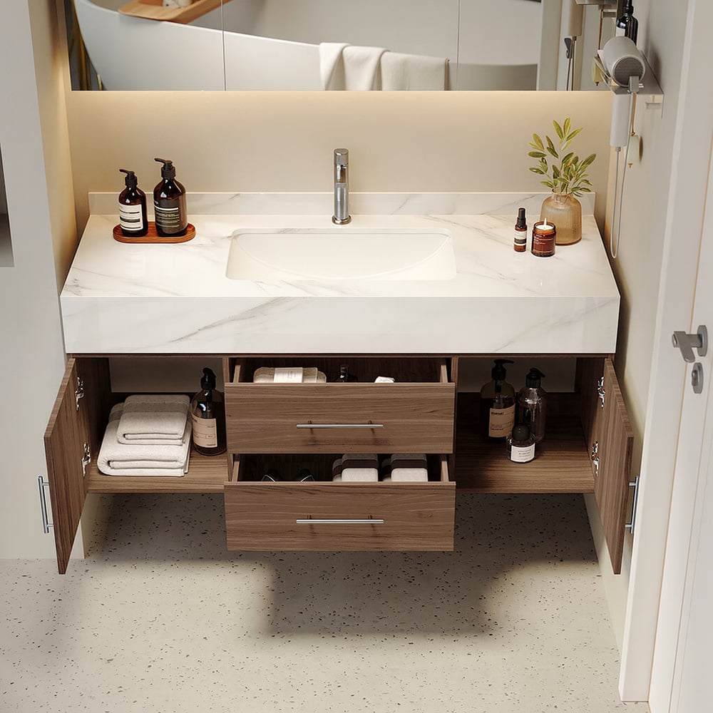 Bathroom Vanity Set 39.3" Modern Floating Stone Bathroom Vanity Walnut with Sink window image