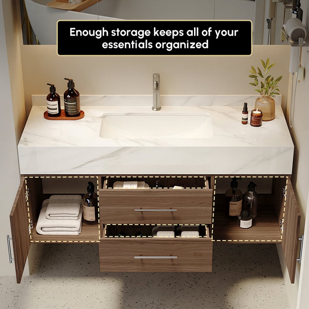 Bathroom Vanity Set 39.3" Modern Floating Stone Bathroom Vanity Walnut with Sink window image