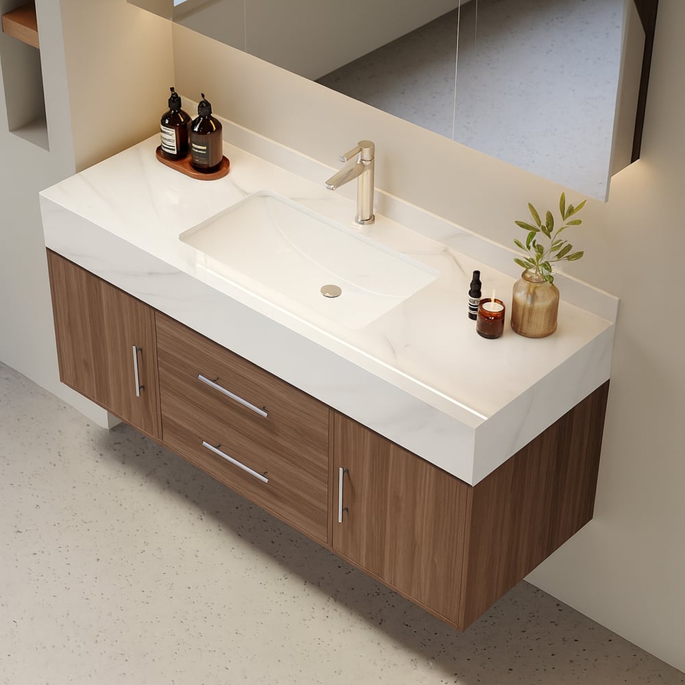 Bathroom Vanity Set 39.3" Modern Floating Stone Bathroom Vanity Walnut with Sink window image