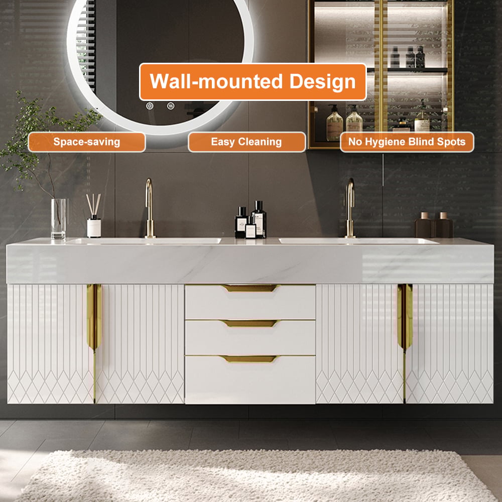 1500mm Wall Mounted Bathroom Vanity Faux Marble Top with Double Sink White window image