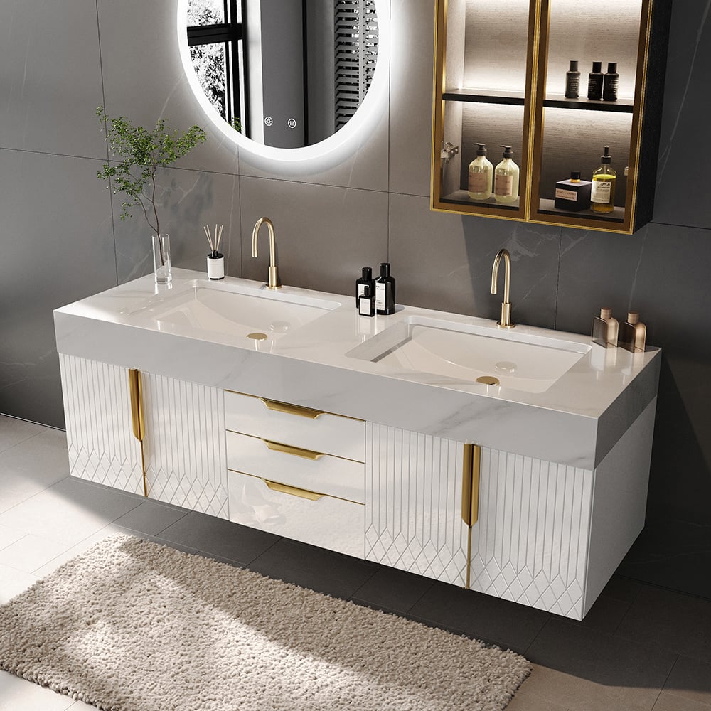 1500mm Wall Mounted Bathroom Vanity Faux Marble Top with Double Sink White window image