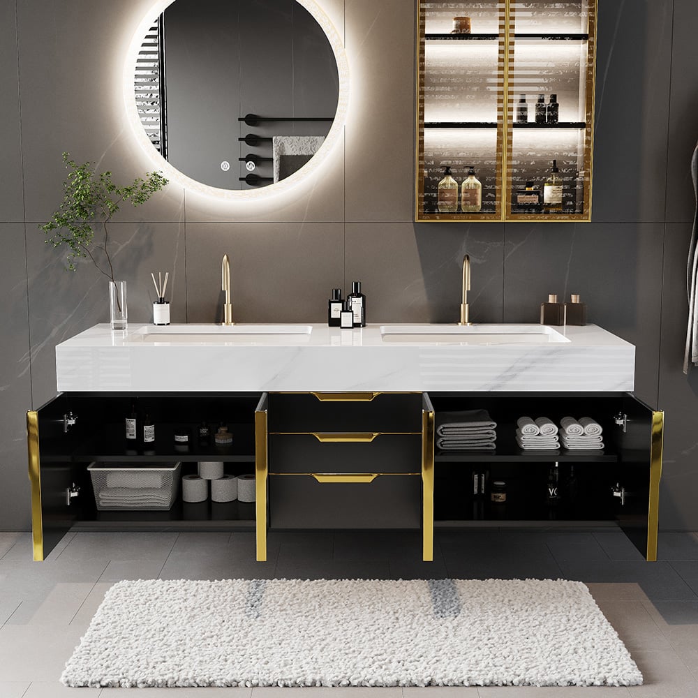 Aro Series Bathroom Vanity Set 59" Floating Faux Marble Bathroom Vanity Black with Sink window image