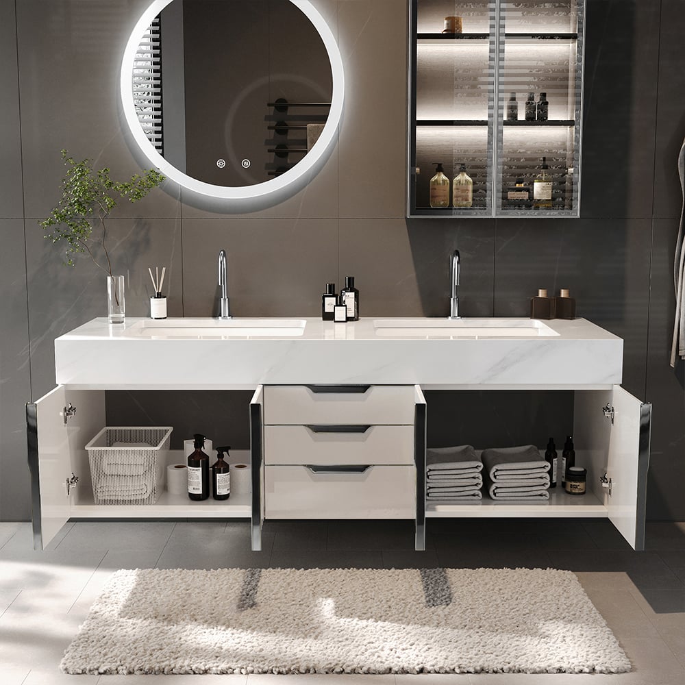 Aro Series Bathroom Vanity Set 59" Modern Floating Bathroom Vanity White with Sink window image