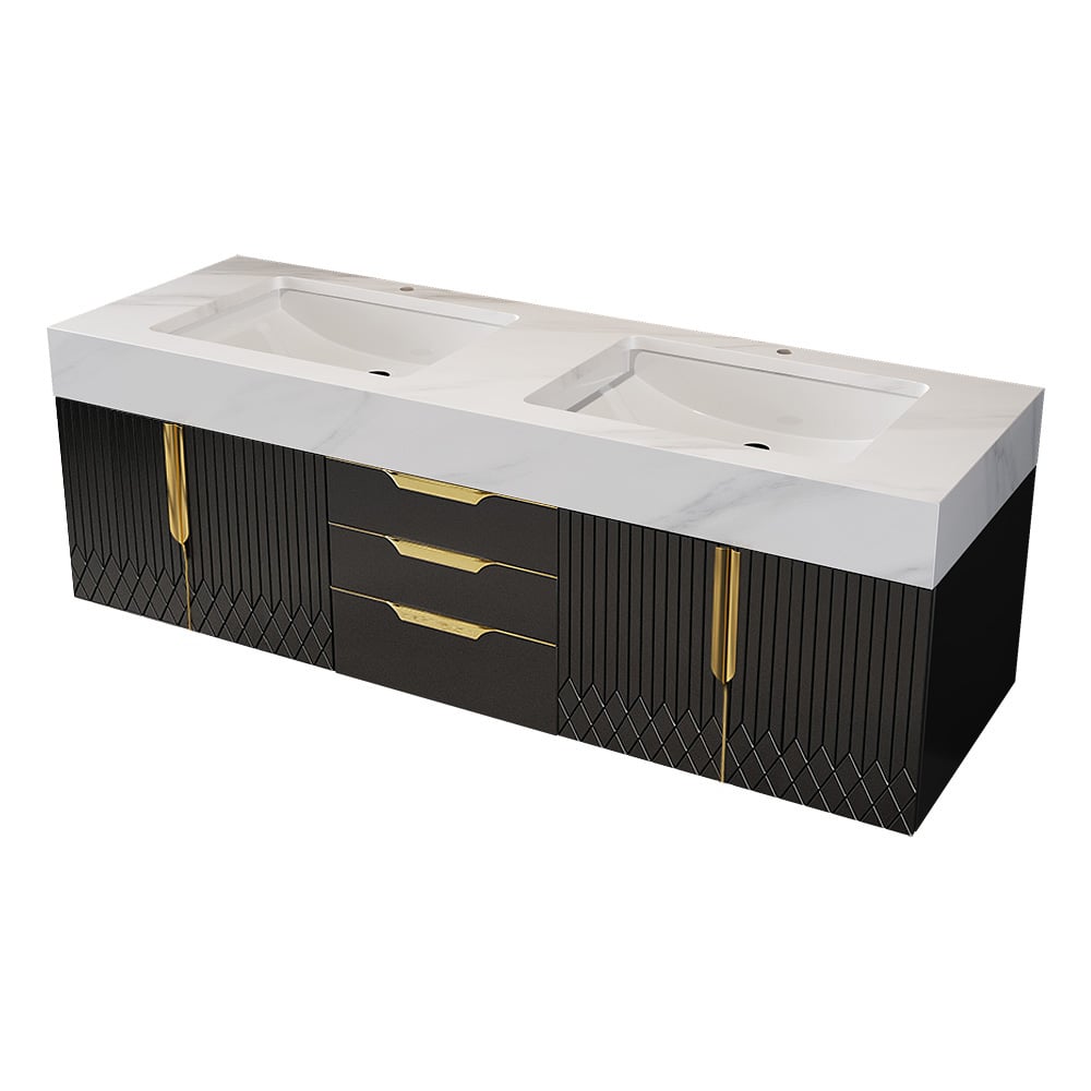 Aro Series Bathroom Vanity Set 59" Floating Faux Marble Bathroom Vanity Black with Sink window image