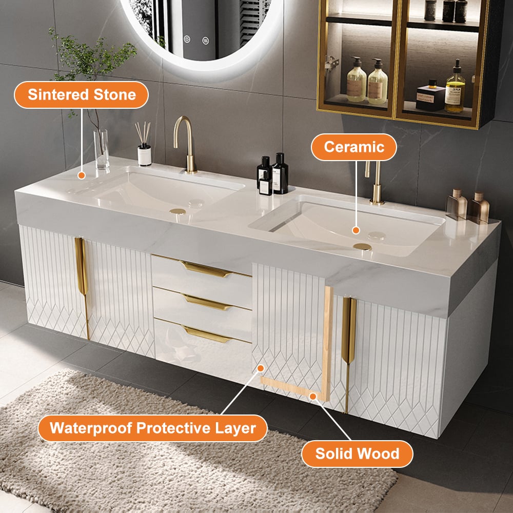 1500mm Wall Mounted Bathroom Vanity Faux Marble Top with Double Sink White window image