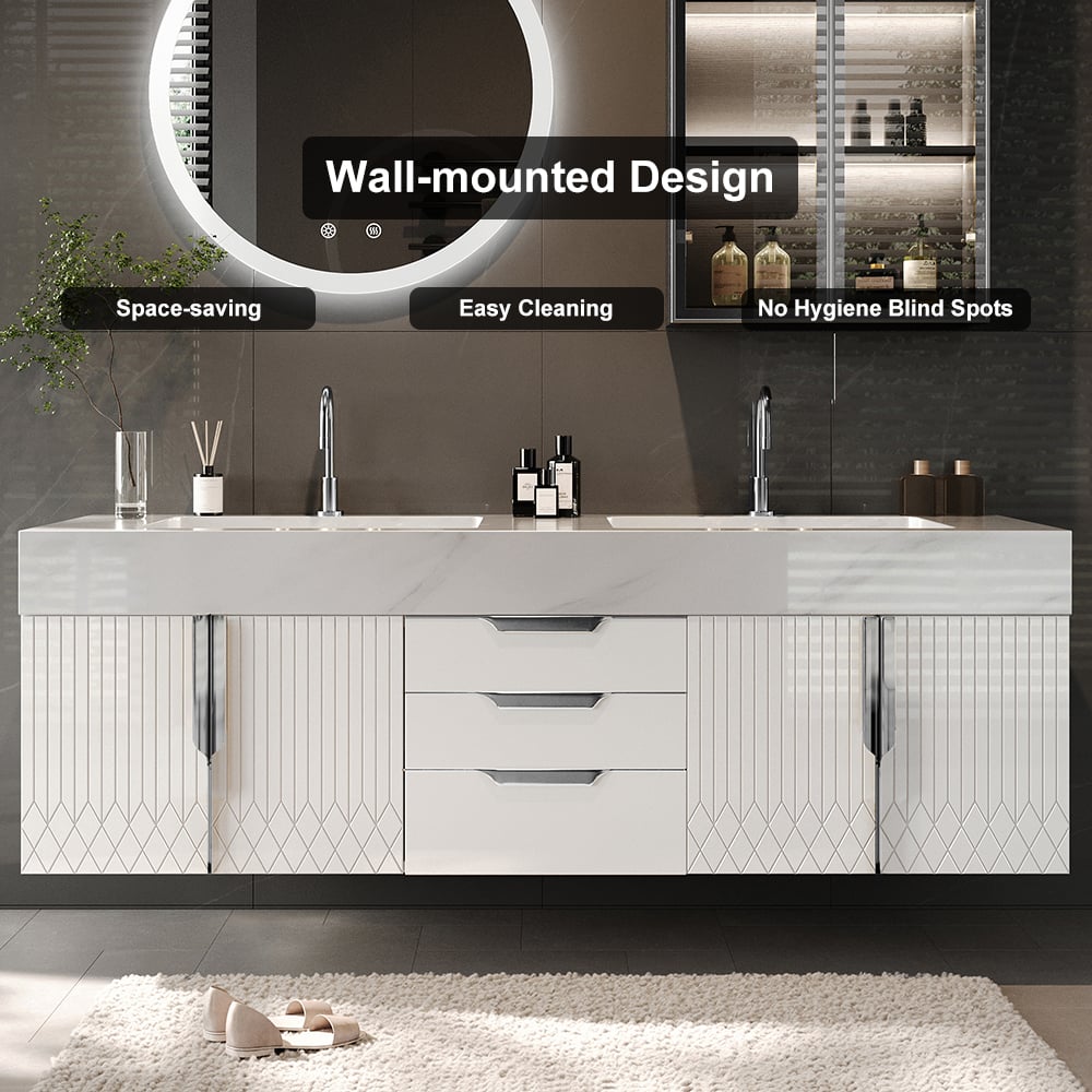 Aro Series Bathroom Vanity Set 59" Modern Floating Bathroom Vanity White with Sink window image