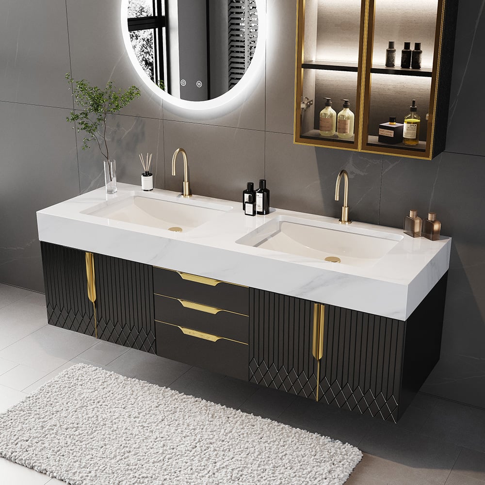 Aro Series Bathroom Vanity Set 59" Floating Faux Marble Bathroom Vanity Black with Sink window image