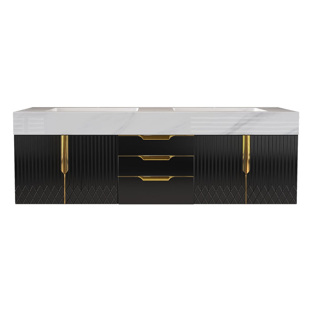 Aro Series Bathroom Vanity Set 59" Floating Faux Marble Bathroom Vanity Black with Sink window image