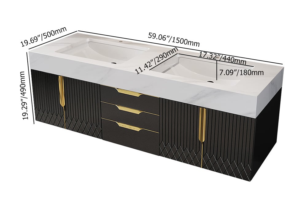 Aro Series Bathroom Vanity Set 59" Floating Faux Marble Bathroom Vanity Black with Sink weights dimensions image
