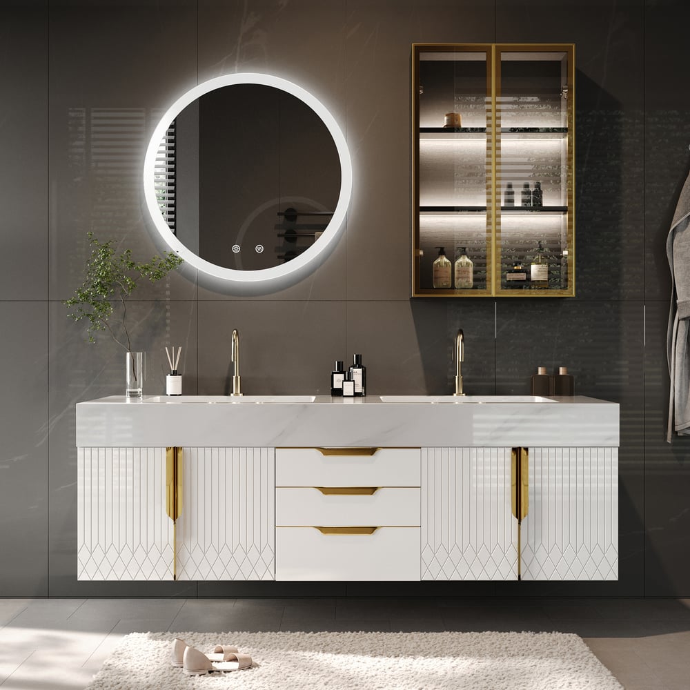 1500mm Wall Mounted Bathroom Vanity Faux Marble Top with Double Sink White window image