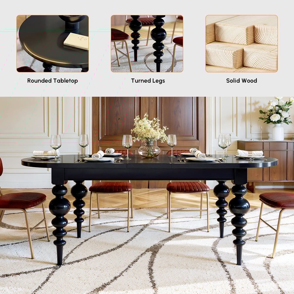 67"-79" Mid-Century Oval Extendable Dining Table Black Seats 4-8 People window image