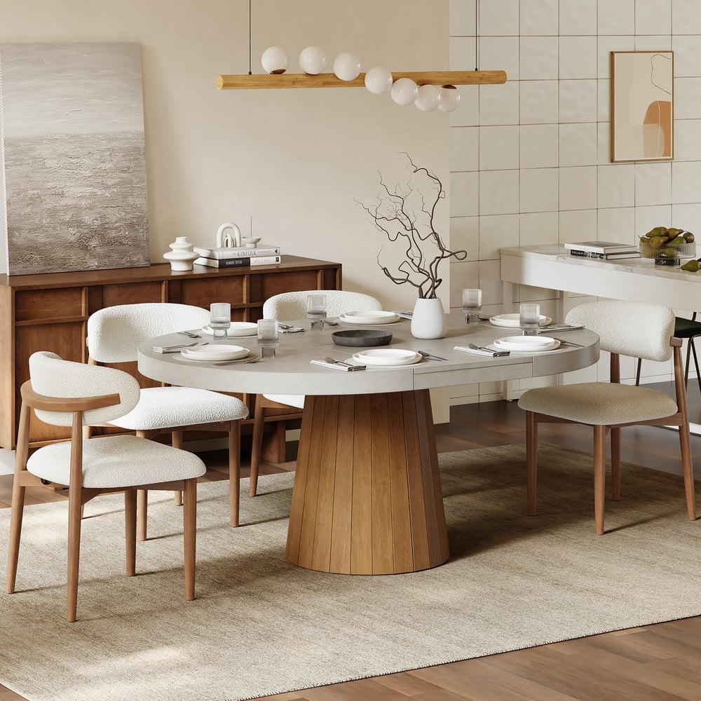 39"-55" Japandi Style Oval & Round Extendable Wood Dining Table Gray Seats 4-6 People window image