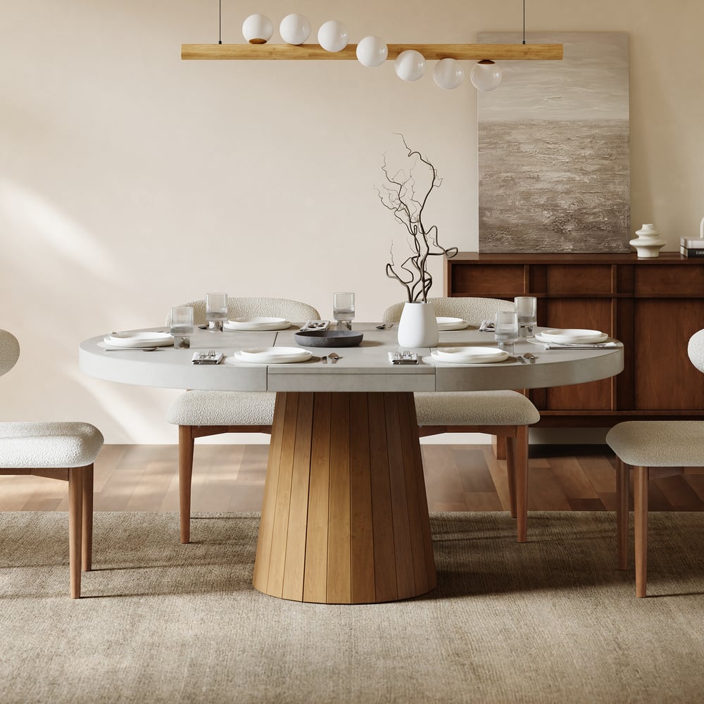 39"-55" Japandi Style Oval & Round Extendable Wood Dining Table Gray Seats 4-6 People window image