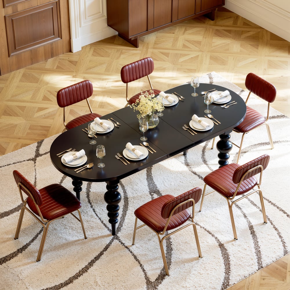 67"-79" Mid-Century Oval Extendable Dining Table Black Seats 4-8 People window image