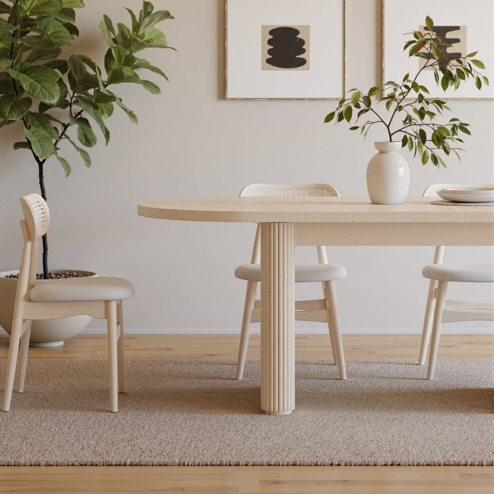 Japandi owalny rozkładany stół jadalny w wybielaczu (1600-2000 mm), dla 4-6 osób obraz okna