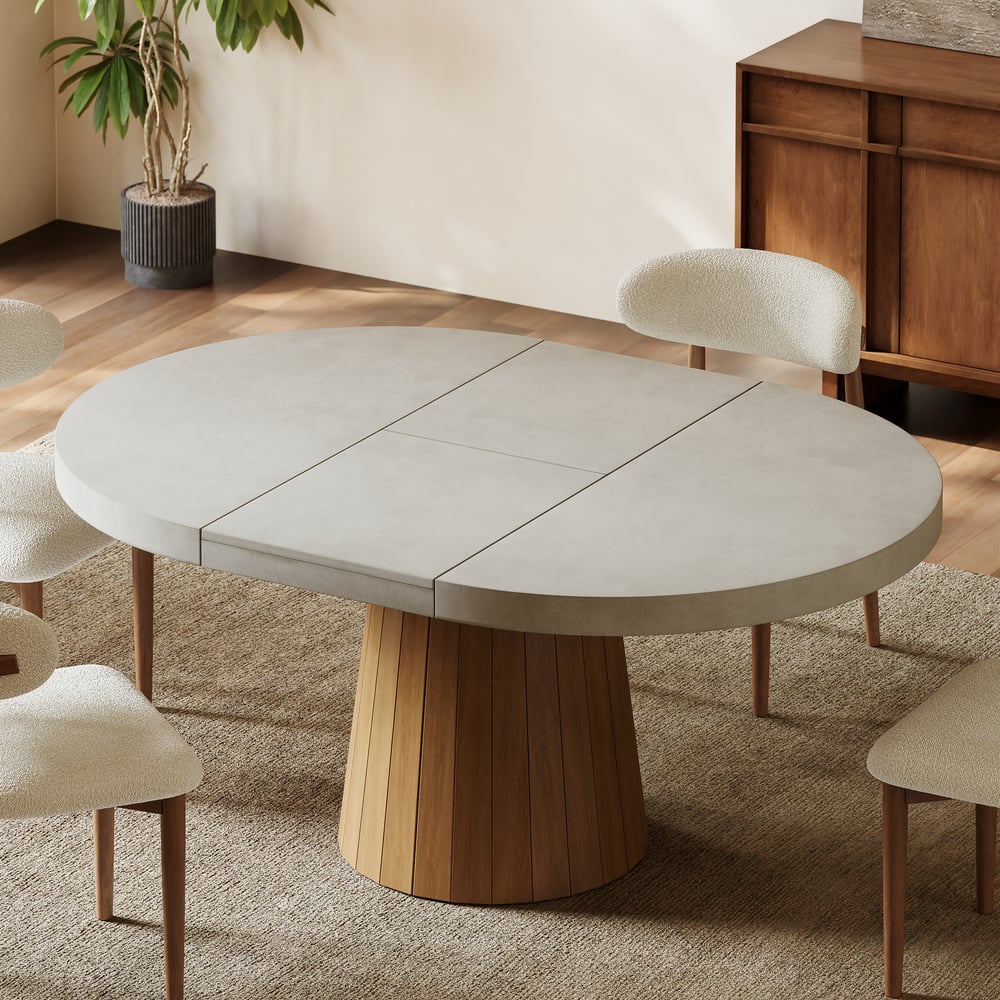39"-55" Japandi Style Oval & Round Extendable Wood Dining Table Gray Seats 4-6 People window image