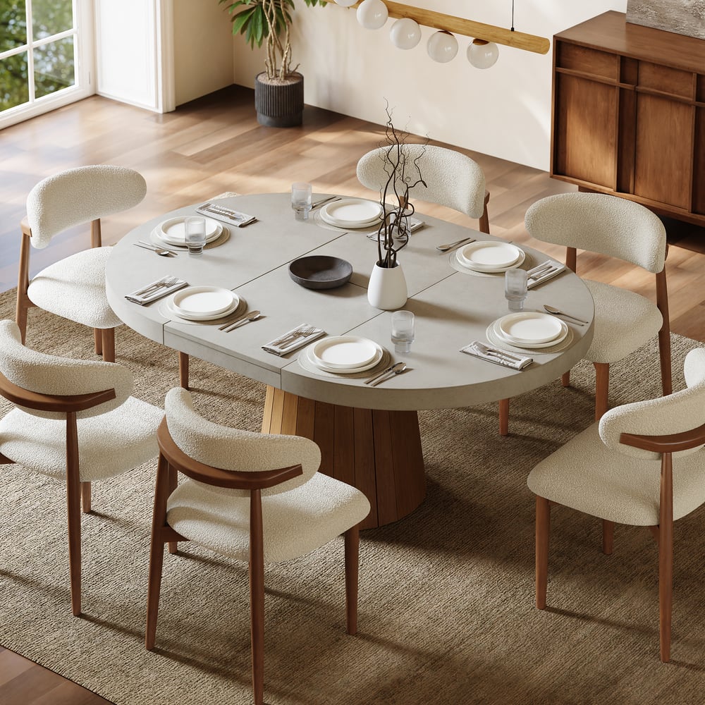 39"-55" Japandi Style Oval & Round Extendable Wood Dining Table Gray Seats 4-6 People window image