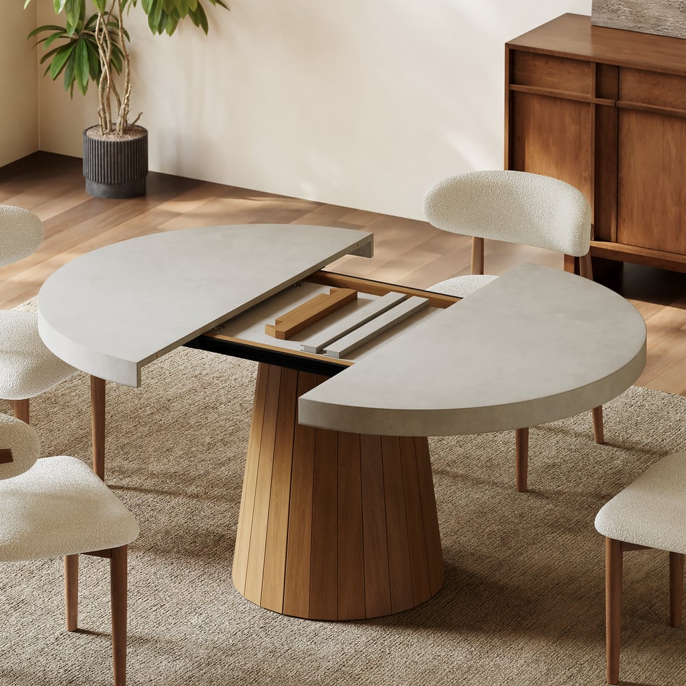 39"-55" Japandi Style Oval & Round Extendable Wood Dining Table Gray Seats 4-6 People window image