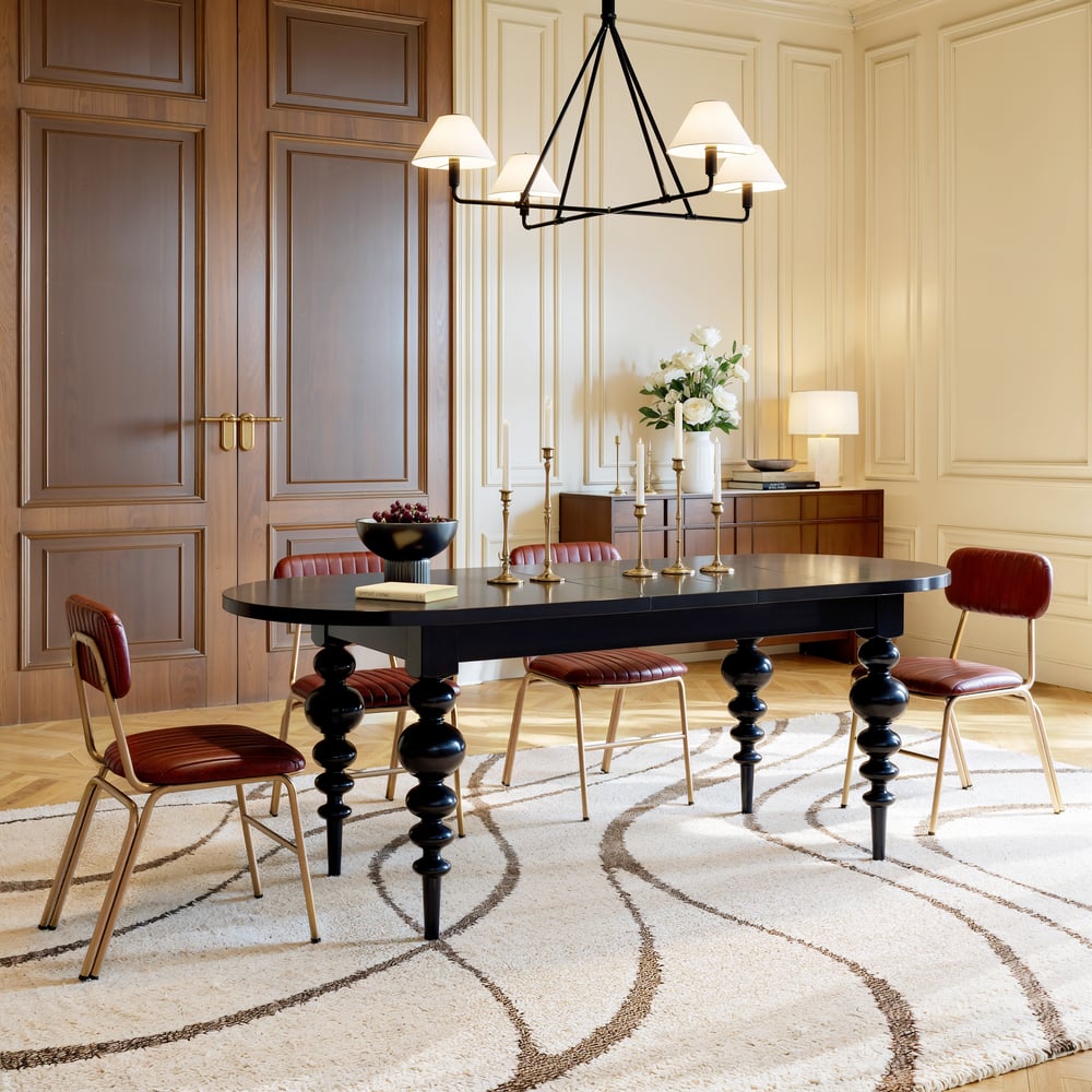 67"-79" Mid-Century Oval Extendable Dining Table Black Seats 4-8 People window image