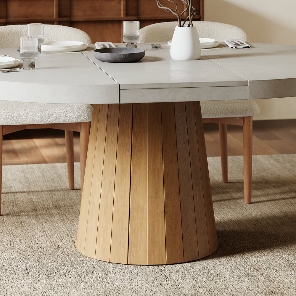 39"-55" Japandi Style Oval & Round Extendable Wood Dining Table Gray Seats 4-6 People window image