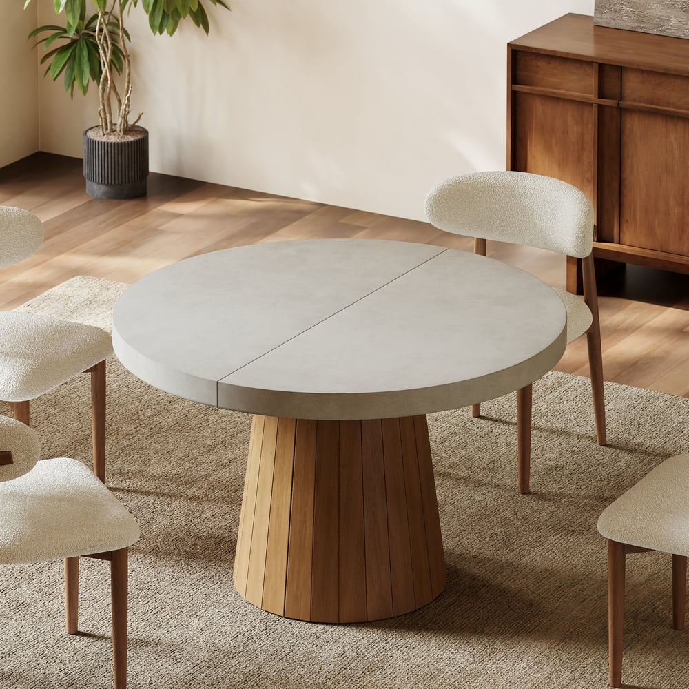39"-55" Japandi Style Oval & Round Extendable Wood Dining Table Gray Seats 4-6 People window image