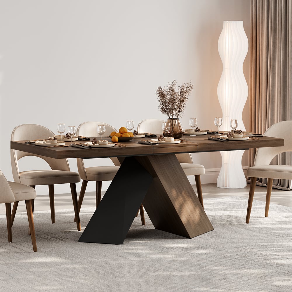 Expandable walnut dining table with pedestal base for 6 to 8 seats window image