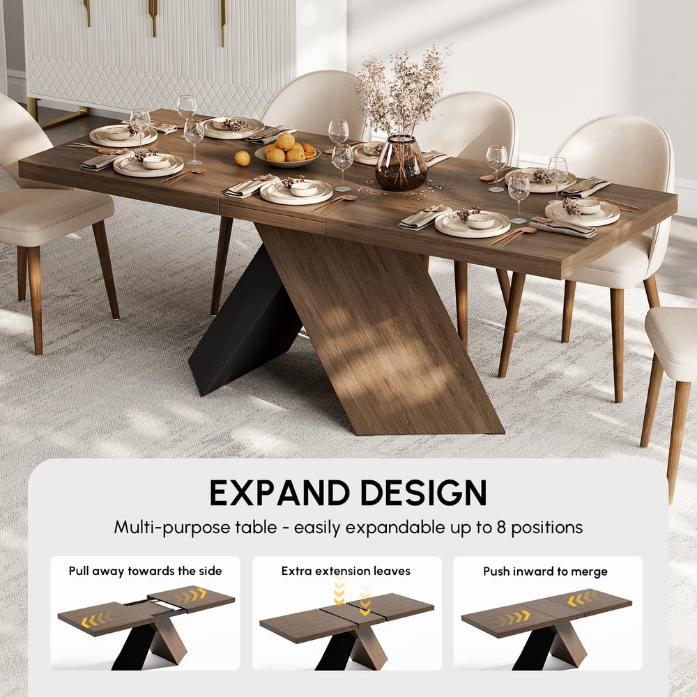 Expandable walnut dining table with pedestal base for 6 to 8 seats window image