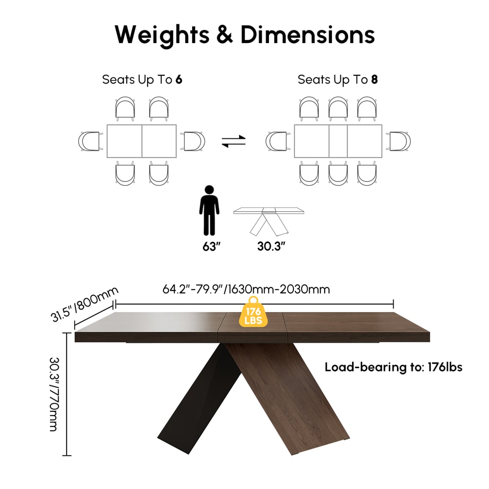 Expandable walnut dining table with pedestal base for 6 to 8 seats weights dimensions image
