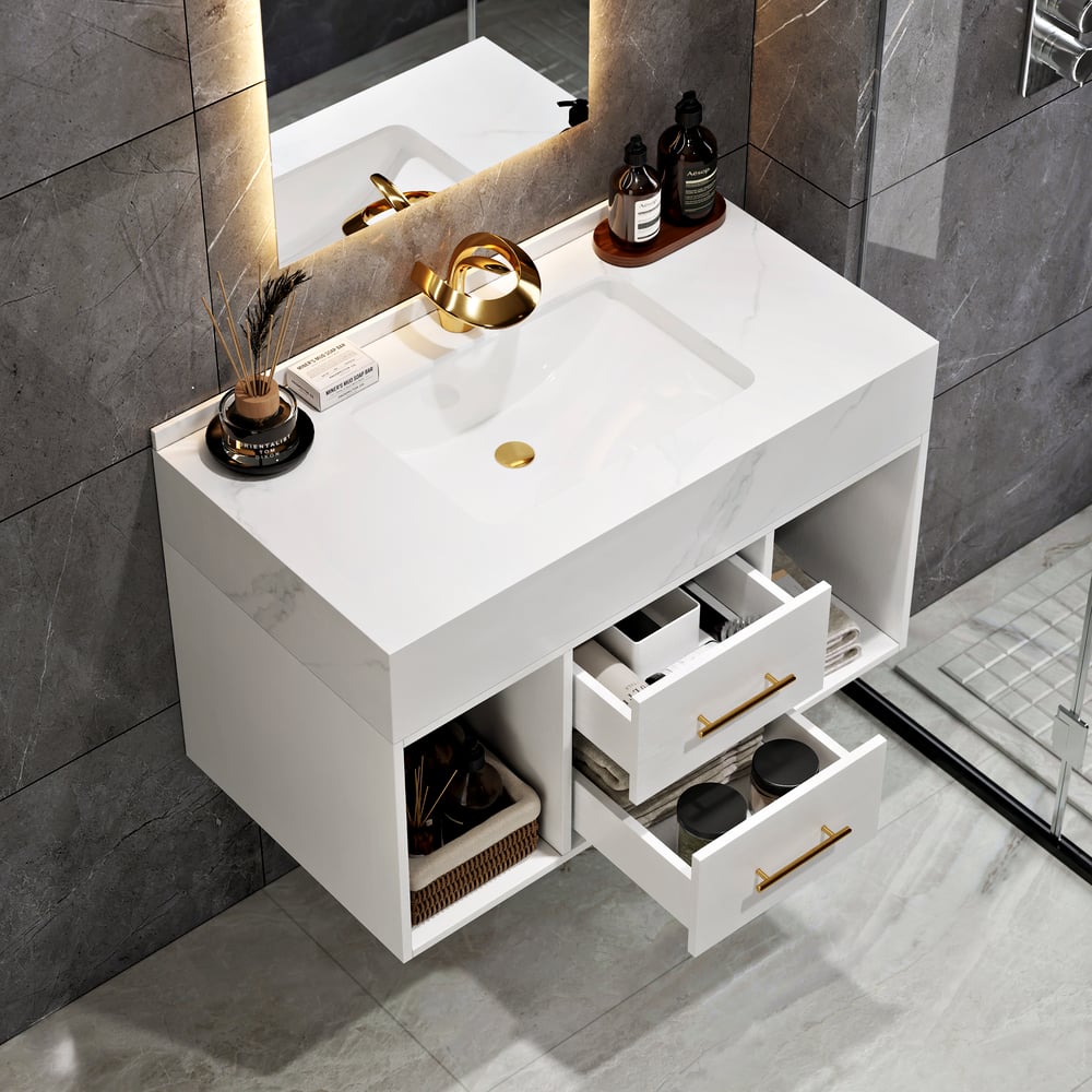 Bathroom Vanity Set 35.4" Modern Floating Sintered Stone Bathroom Vanity White with Sink window image
