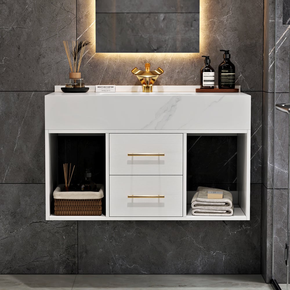 Bathroom Vanity Set 35.4" Modern Floating Sintered Stone Bathroom Vanity White with Sink window image